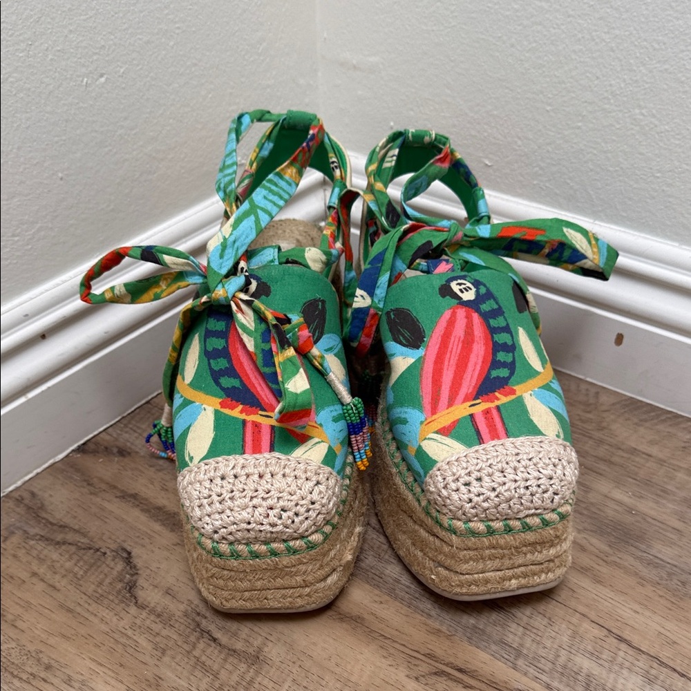 Farm Rio - Green Forest Bead Embellished Platform Espadrilles - Size 9